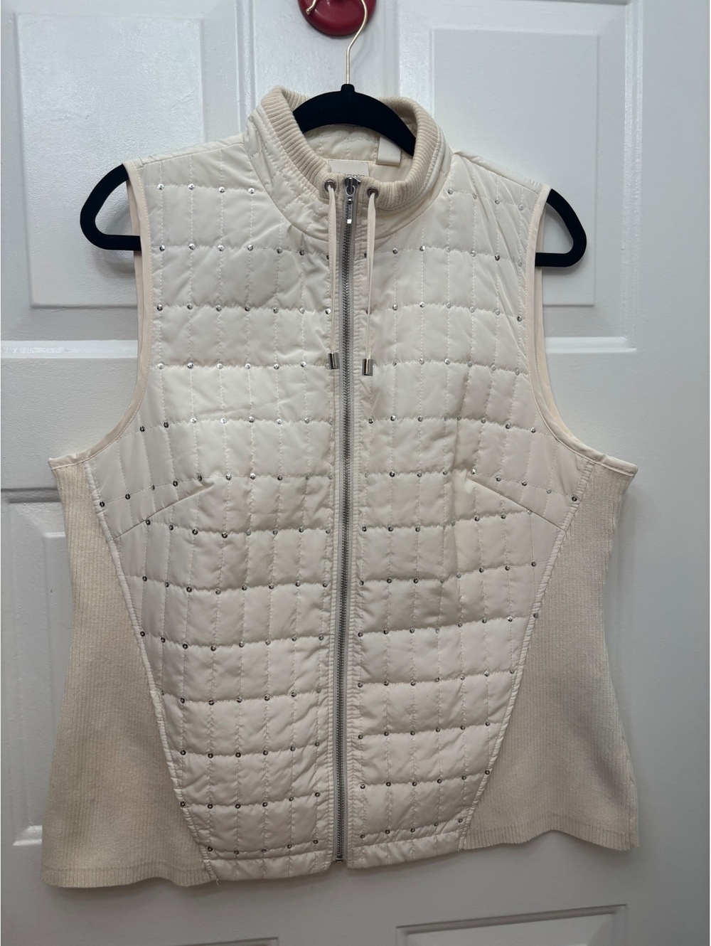 Chico's Collection Cream Quilted Embellished Zip Vest Size 2